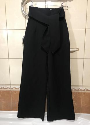 Штани широкі висока посадка з поясом штани чорні кюлоти1 фото