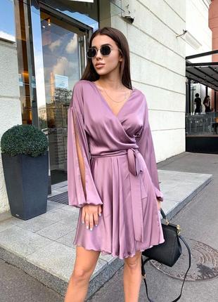 Шёлковое платье на запах с рукавами фонариками красное чёрное голубое кофейное морская вол...