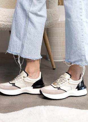 Стильные бежевые кроссовки женские, весенне-осенни,осень-весна, кожаные/кожа-женская обувь