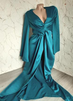 Вечернее длинное платье атлас бирюзоаое  46