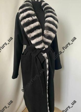 Черное длинное кашемировое пальто с мехом кролика рекс,42-58 р.р.5 фото