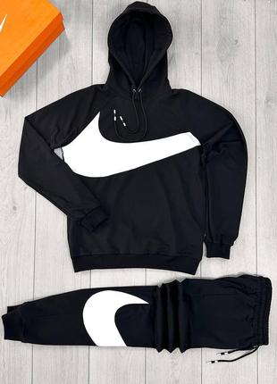 Демисезонный спортивный костюм nike Black big swoosh с капюшоном черный осенний костюм nike Black спортивный костюм найк