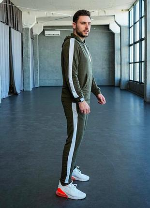 Съемный зеленый хаки спортивный костюм комплект с лампасами осенний зеленый спортивный костюм с капюшоном