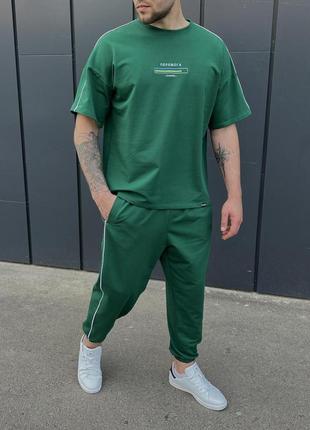 Літній чоловічий комплект "перемога" футболка + штани, зелений турецька двонитка, посадка оверсайз