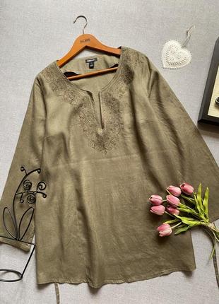 Льняная рубашка h&m цвета хаки, 100% лен, с вышивкой, блуза, туника,9 фото