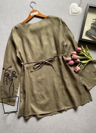 Льняная рубашка h&m цвета хаки, 100% лен, с вышивкой, блуза, туника,4 фото