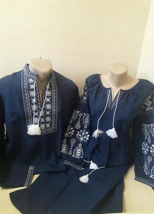 Платье женское вышиванка с поясом лен синее для пары р. 46 48 54 56