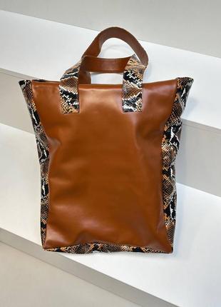 Эксклюзивная сумка шоппер из итальянской кожи и замши женская рыжая кэмэл1 фото