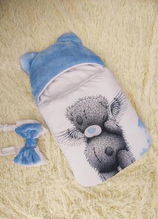 Теплый спальник для новорожденных, принт медвежонок с крылышками, голубой