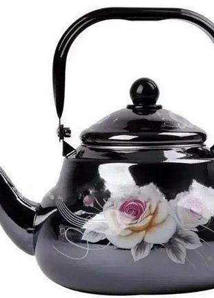 Чайник емальований edenberg 2.0 л зі свистком чорний троянда (eb-3352) ( eb3352)