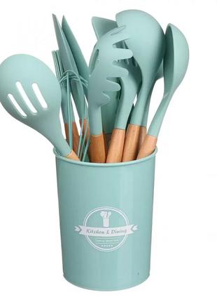 Кухонний силіконовий набір приладдя з підставкою 12 предметів набір поварешек з силікон 0350 зелен (0350)