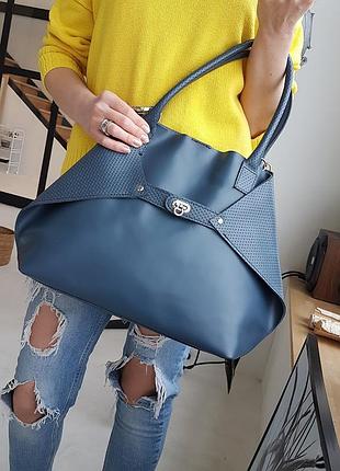 Сумка-шопер-трансформер жіноча натуральна шкіра сіро-синя з плетінкою 1731