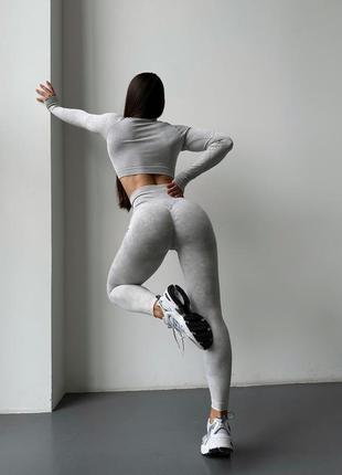 Фитнес-костюм wow с эффектом вываривания (рашгард, леггинсы) плотный, с высокой посадкой и пуш-ап, серебро3 фото