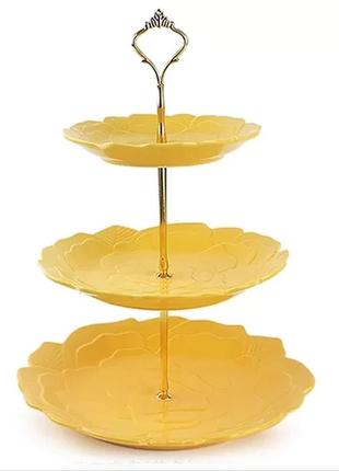 Фруктовниця порцеляновий на 3 яруси "yellow rose" stenson mc3696 тарілка для фруктів цукерниця етажерка жовта (мс3696)