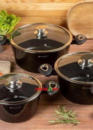 Набір посуду edenberg з антипригарним мармуровим покриттям 6 предметів з литого алюмінію чорний (eb-7423) (eb-7423)