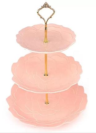 Фруктовниця порцеляновий на 3 яруси "pink rose" stenson мс3695 тарілка для фруктів цукерниця етажерка рожева (мс3695)