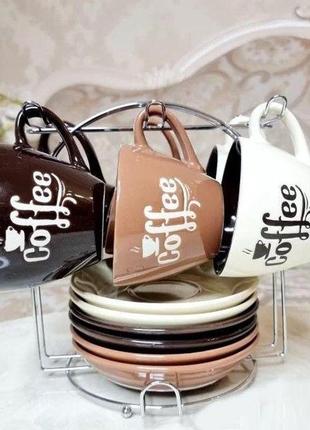 Набор чашек с блюдцами на подставке 6х200мл