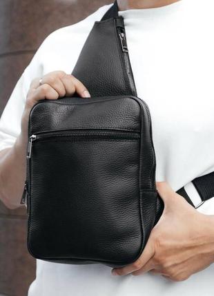 Сумка-слінг шкіряна чоловіча "брюссель" чорна 18х25 см