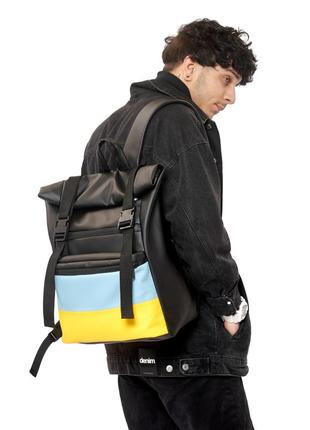 Рюкзак вместительный ролл roll с анатомической спинкой для ноутбука цвет черный с синим и желтым.3 фото