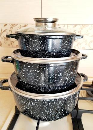 Набір кухонного посуду a-plus 3 предмета набір казанів (каструль) з мармуровим покриттям 2.4 л, 4.3 л, 6.7 л 1490 (1490)