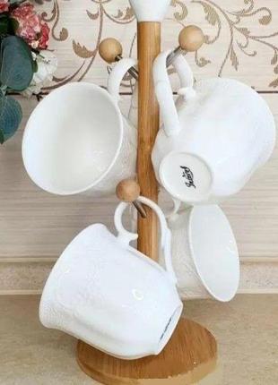 Чайний набір фарфорових чашок 4шт 330мл на бамбуковій підставці bonadi pj03173 (pj03173)