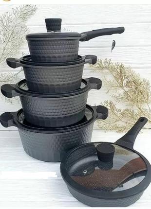 Набор кухонной посуды edenberg 5 предметов набор казанов (кастрюль) с мраморным покрытием черный eb-9186