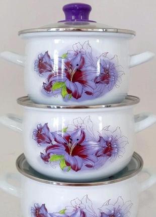 Набір каструль емальованих interos 570a лілія 3шт (570a)