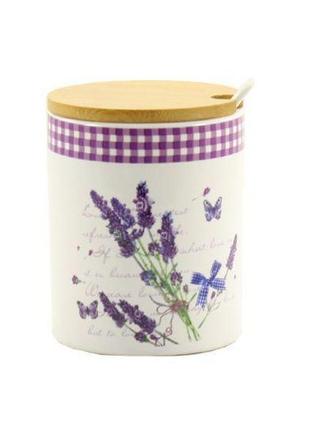 Банка керам. 350мл з ложкою та дерев. кришкою лаванда zfa471s-lv