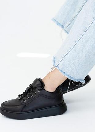 Стильные черные кроссовки женские, весенние-осенни, демисезон, кожа+байка, кожаные/кожа-женская обувь1 фото