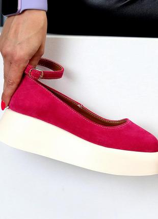Розовые замшевые туфли на шлейку натуральная замша цвет фуксия lolita style 187351 фото