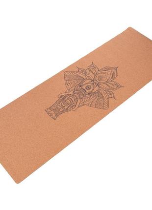 Килимок для йоги корковий каучуковий з принтом💣183x61мx0.4cм коричневий