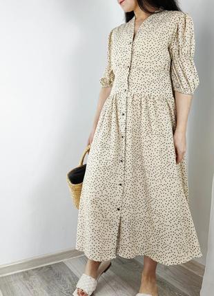 Кремовое платье миди на пуговицах в горошек shein2 фото