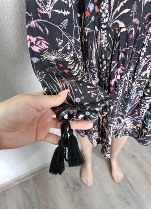 Закрытое платье в восточном стиле, с длинным рукавом и кисточками, растительный цветочный принт5 фото