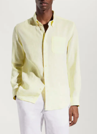Светло-желтая  льняная рубашка с длинным рукавом3 фото
