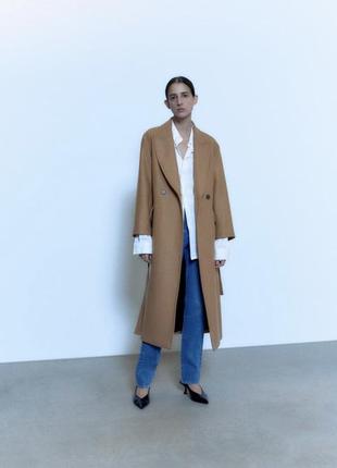 В наявності🔥 нове пальто zara бежеве вовняне пальто з поясом міді3 фото