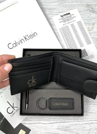 Кошелек мужской кожаный черный calvin klein подарочный набор из натуральной кожи кошелек брелок ручка4 фото
