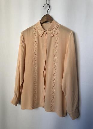 Винтаж шелковая блуза персиковая вышивка кружево 90е4 фото