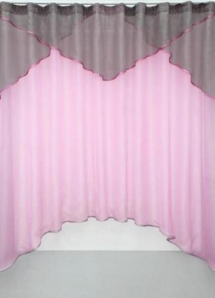 Кухонна тюль арка (270х170см) з ламбрекеном. колір рожевий з сірим