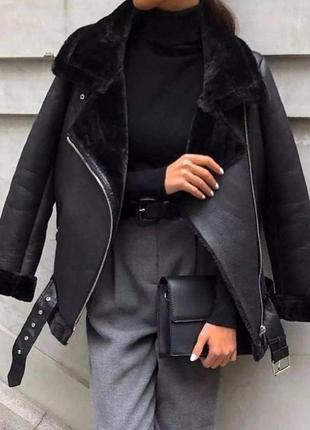 Дубленка с искусственным мехом на молнии с ремнем кожаная теплая черная оверсайз курточка шуба куртка2 фото