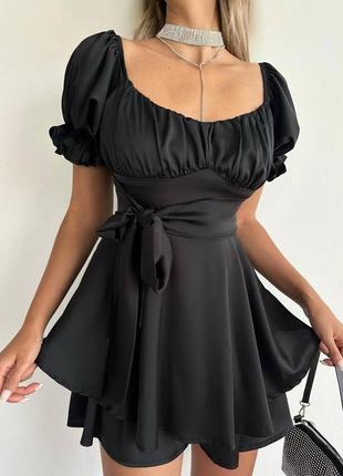 Шелковое платье мини с имитацией корсета рукава фонарики платье черная белая молочная с рюшками короткая