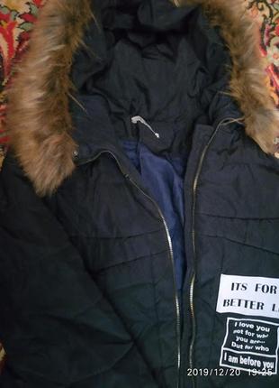 Темно-синий зимний пуховик(пальто) с мехом синтепон8 фото