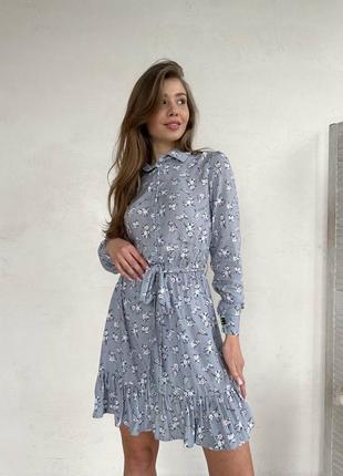 Сукня коротка міні рюшка волан довгий рукав квітковий принт квітка комір горох горошок