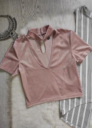 Бархатный розовый кроп топ секси вырез декольте с чокером короткая футболка стрейч h&m