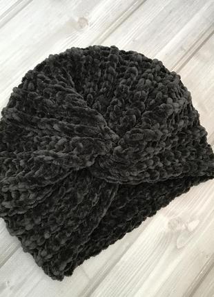 Велюровая шапка чалма, бархатная шапка чалма чёрная, ободок бархат, тёплая чалма зима1 фото