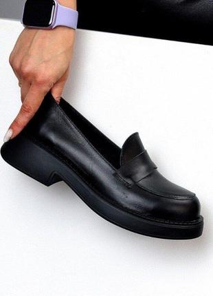 Женские кожаные черные туфли, лоферы на платформе, натуральная кожа7 фото