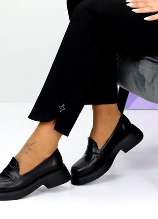 Женские кожаные черные туфли, лоферы на платформе, натуральная кожа8 фото