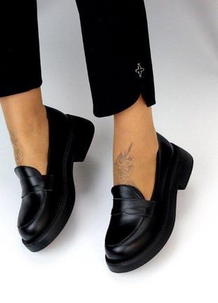 Женские кожаные черные туфли, лоферы на платформе, натуральная кожа9 фото