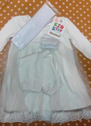Белый комплект набор белое платье для девочки на крестины крещения с кружевом