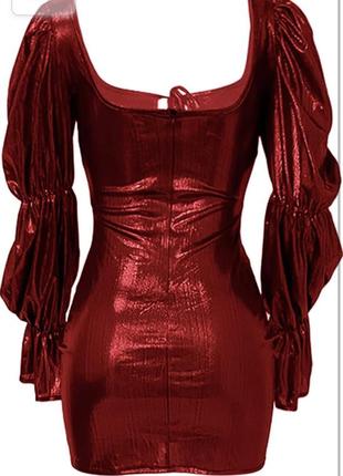 Облягаюча сукня с довгими пишними рукавами сексуальне блискуче сяюче міні плаття з квадратним вирізом коктельне клубне вечірнє5 фото