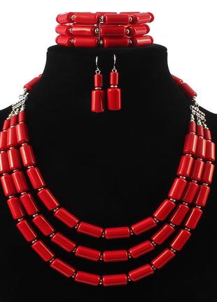 Жіночий набір прикрас червоне намисто, браслет та кульчики для вишиванки, українські червоні коралі, біжутерія, прикраси